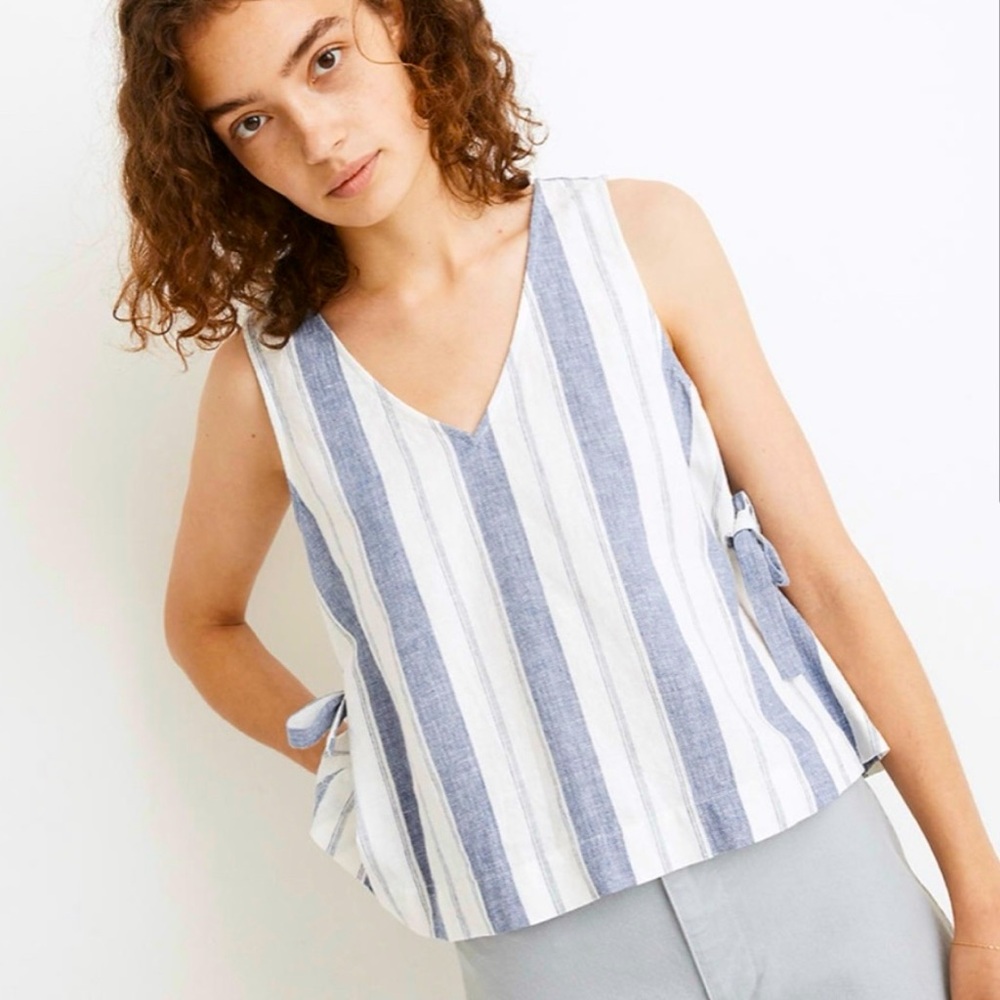 Madewell Linen-blend Striped Side Tie Top XS